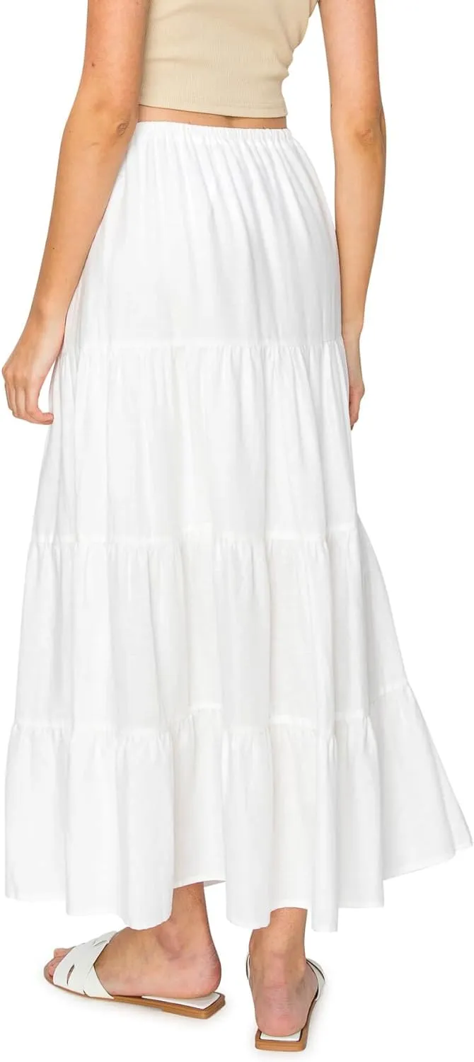 Cali1850 Women's XS~XL Lined Tiered Elastic Waist Linen Flare Maxi Skirt