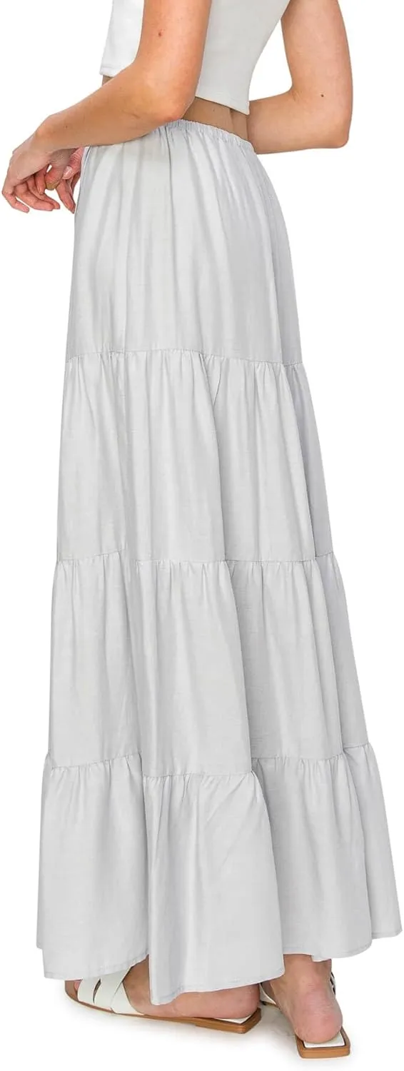Cali1850 Women's XS~XL Lined Tiered Elastic Waist Linen Flare Maxi Skirt