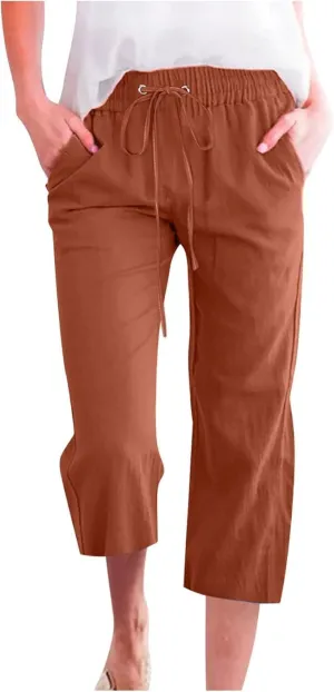 Capri Pants for Women Casual Summer Cotton Elastic High Waist Linen Pants Plus Size Cropped Pant Beach Clothes Trousers