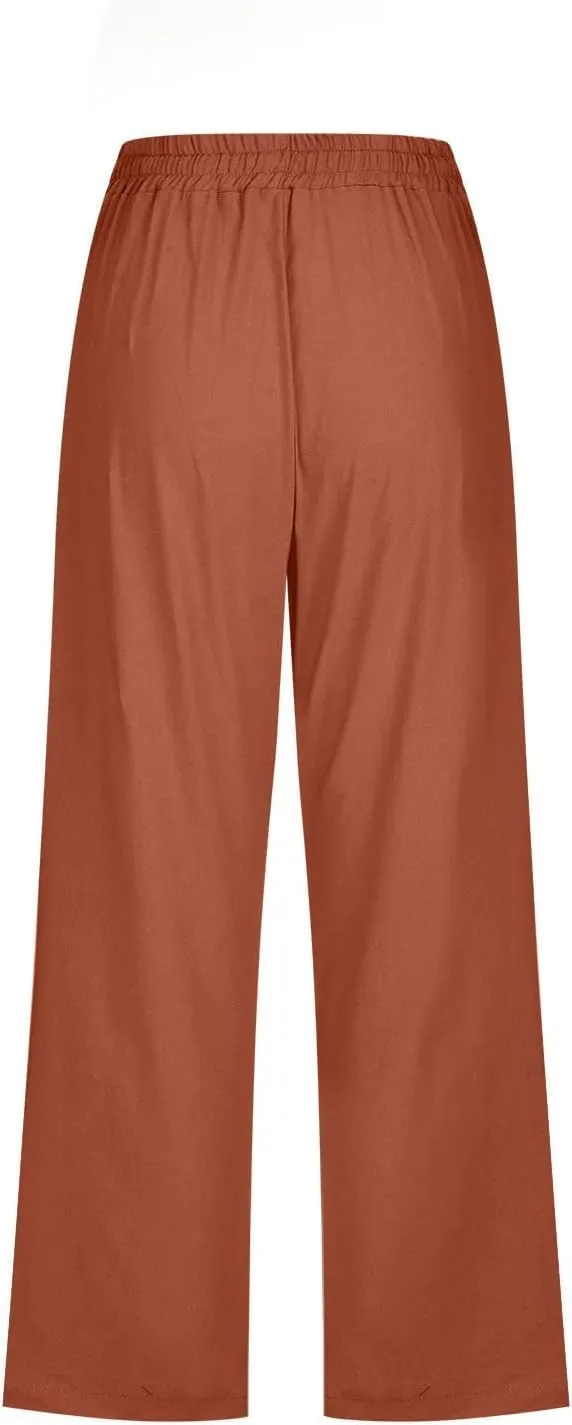 Capri Pants for Women Casual Summer Cotton Elastic High Waist Linen Pants Plus Size Cropped Pant Beach Clothes Trousers