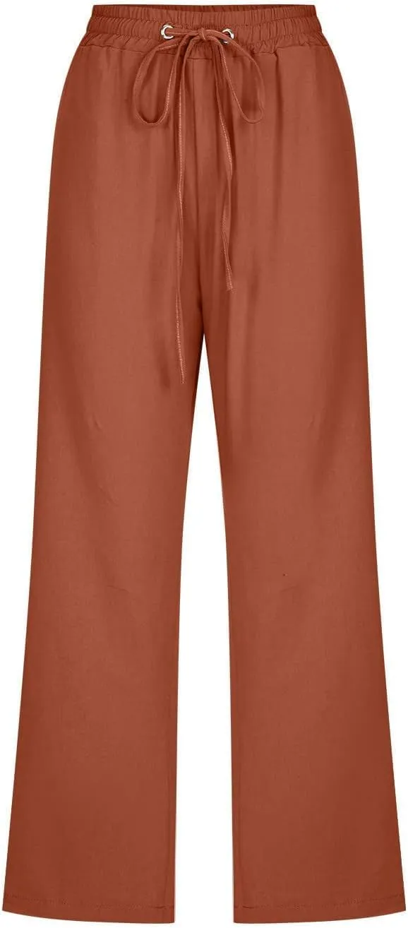 Capri Pants for Women Casual Summer Cotton Elastic High Waist Linen Pants Plus Size Cropped Pant Beach Clothes Trousers