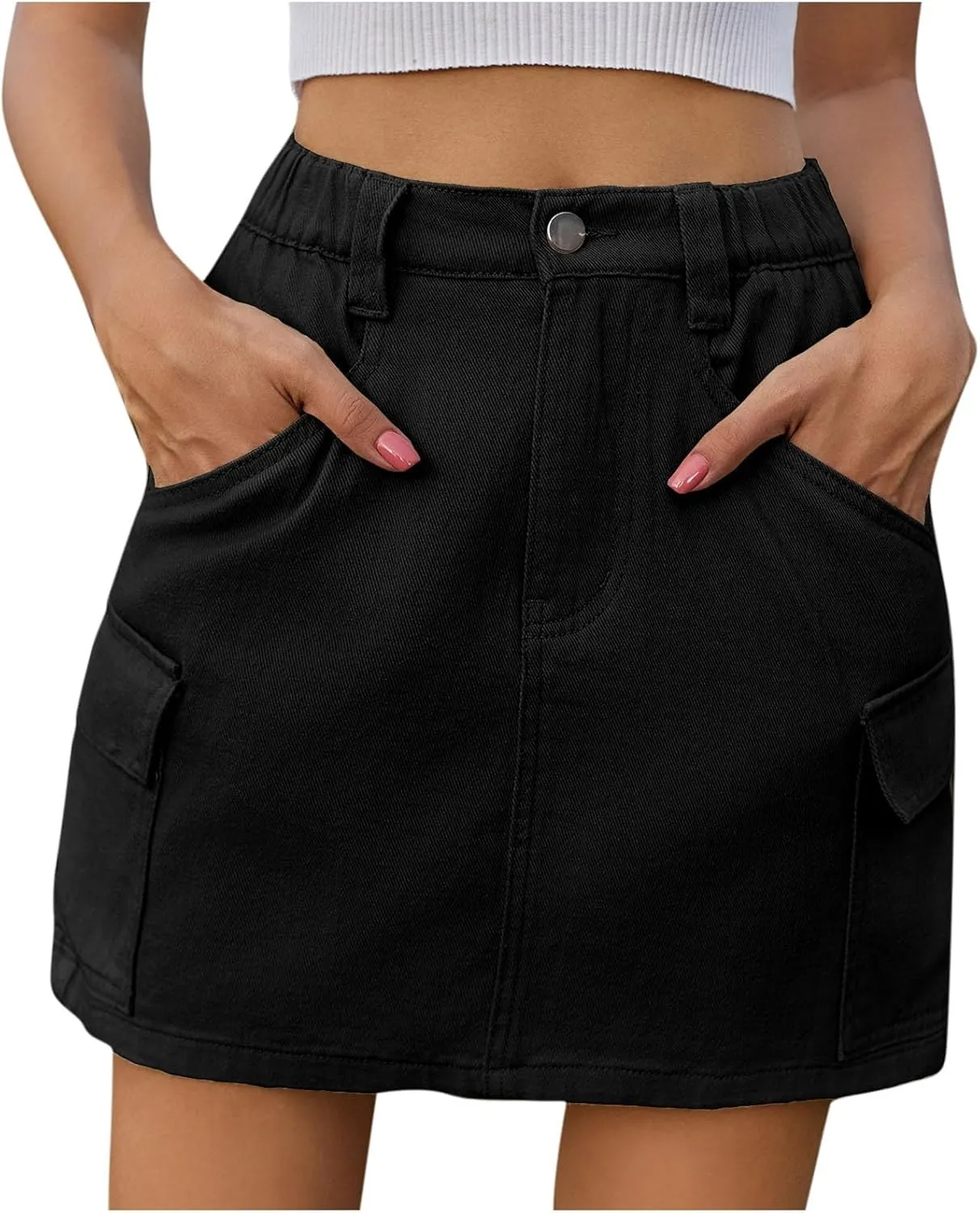 Casual Cargo Denim Skirt for Women High Waisted Jean Skirts Button Up Zipper Elastic Skirt Stretchy Elastic Skirts