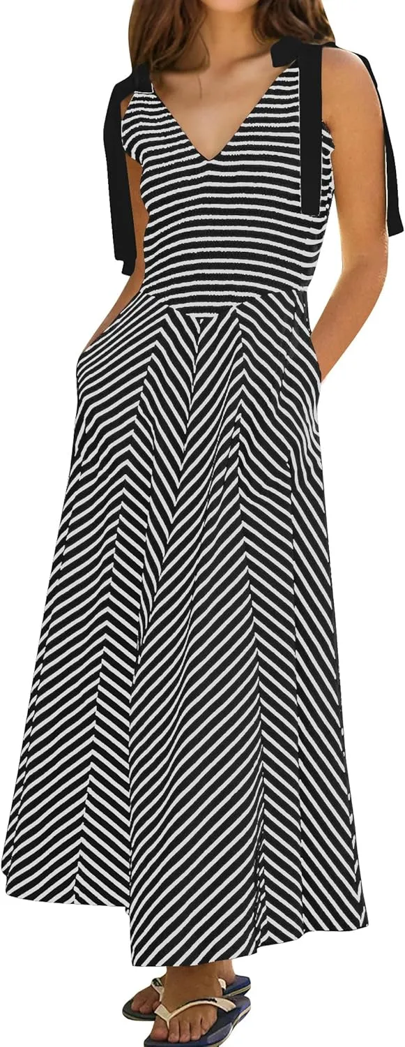 Casual Summer Maxi Dresses Striped Smocked V Neck Sleeveless Sundress Tie Strap Flowy Beach Long Dress with Pockets