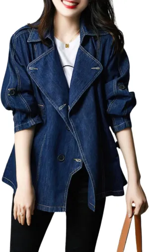 chouyatou Women Fall Business Casual Denim Blazer Drawstring Waist Office Jean Jacket Trench Coat
