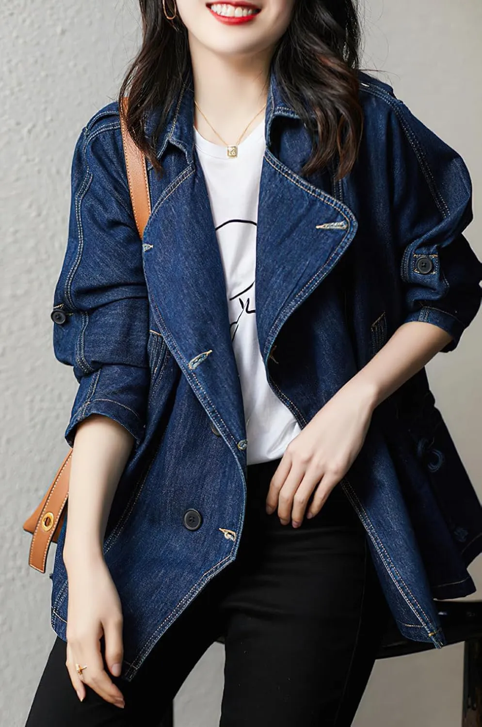 chouyatou Women Fall Business Casual Denim Blazer Drawstring Waist Office Jean Jacket Trench Coat