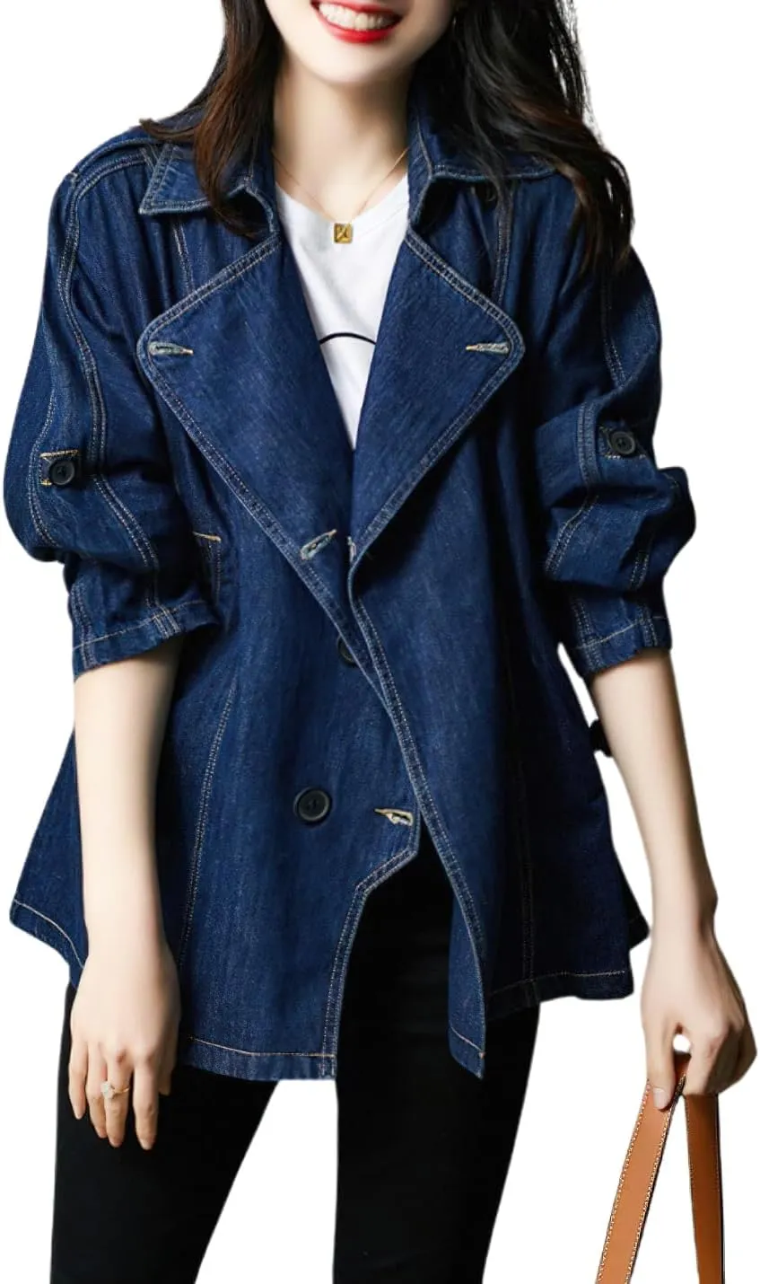 chouyatou Women Fall Business Casual Denim Blazer Drawstring Waist Office Jean Jacket Trench Coat