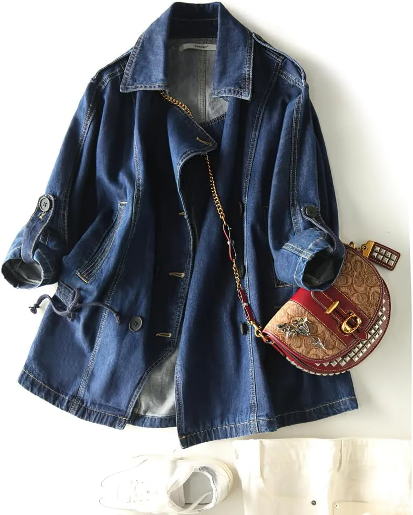 chouyatou Women Fall Business Casual Denim Blazer Drawstring Waist Office Jean Jacket Trench Coat