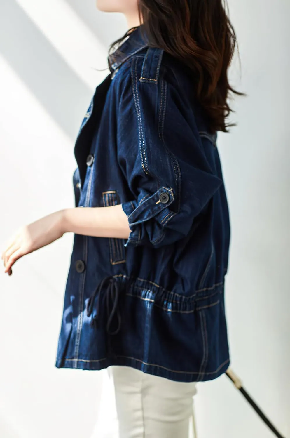 chouyatou Women Fall Business Casual Denim Blazer Drawstring Waist Office Jean Jacket Trench Coat