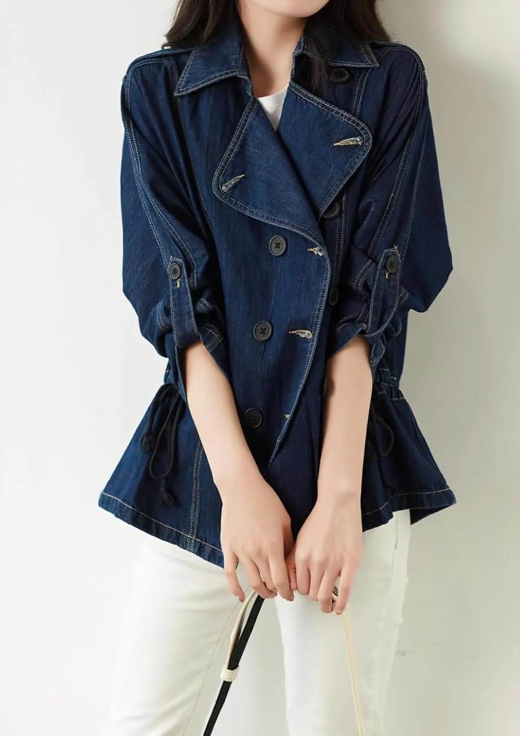 chouyatou Women Fall Business Casual Denim Blazer Drawstring Waist Office Jean Jacket Trench Coat