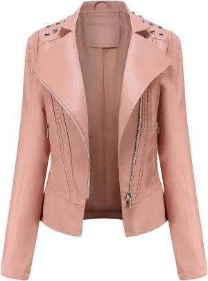 chouyatou Women's Casual Light Studded Shoulder Moto Biker Faux Leather Jacket