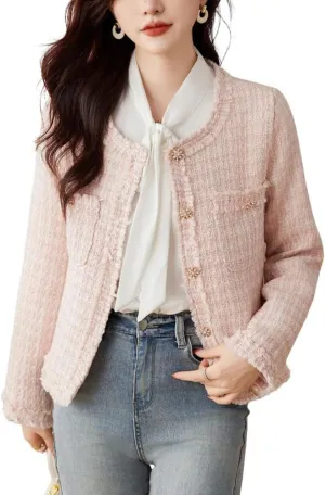 chouyatou Women's Fall Business Casual Tweed Blazer Button Down Dressy Fringed Tassel Jacket Coat