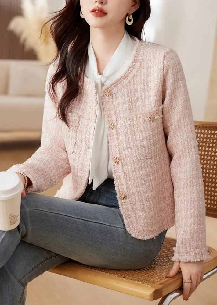 chouyatou Women's Fall Business Casual Tweed Blazer Button Down Dressy Fringed Tassel Jacket Coat