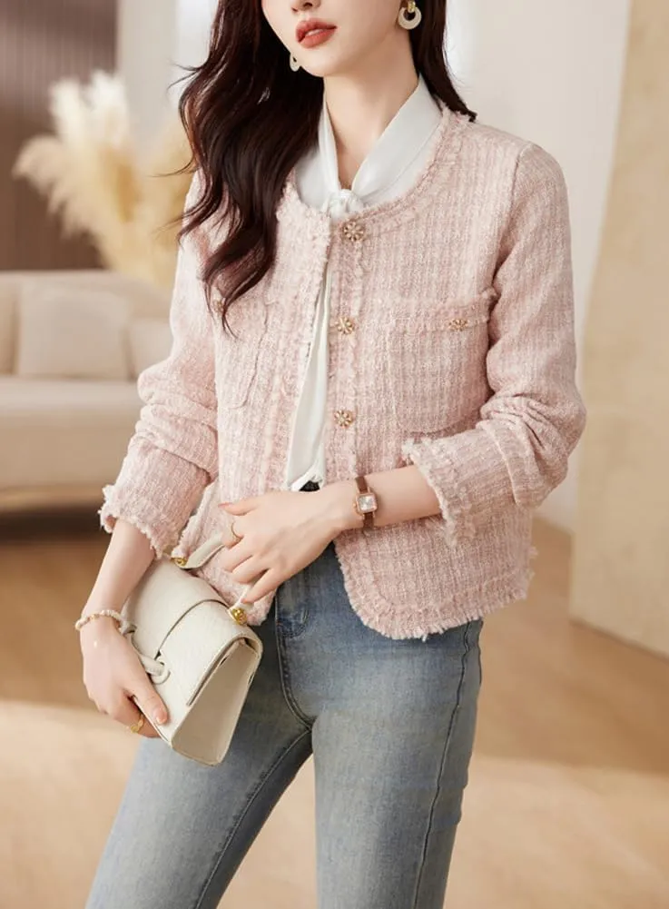 chouyatou Women's Fall Business Casual Tweed Blazer Button Down Dressy Fringed Tassel Jacket Coat