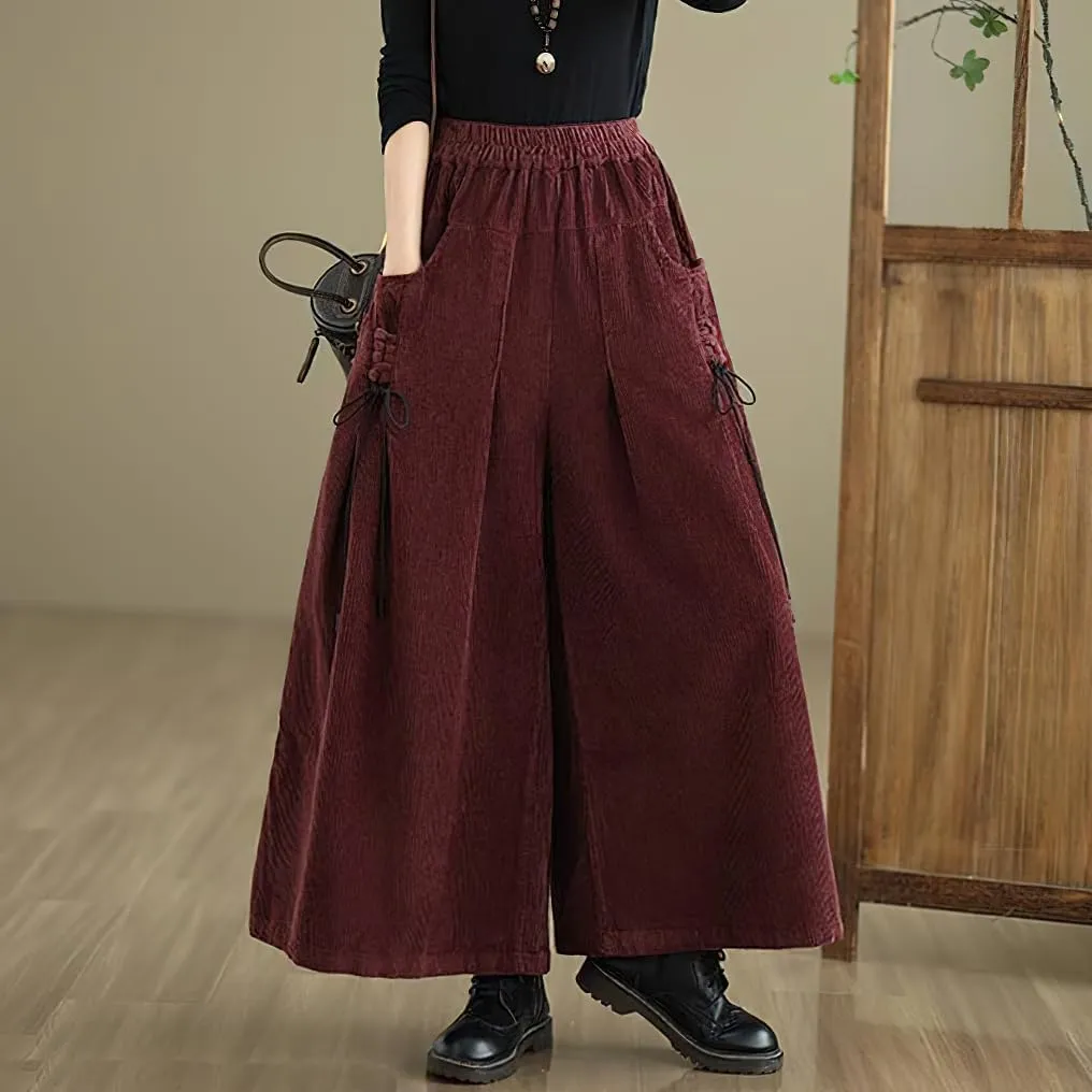 chouyatou Women's Fall Casual Wide Leg Baggy Corduroy Pants Elastic Waist Baggy Culotte Loose Trousers