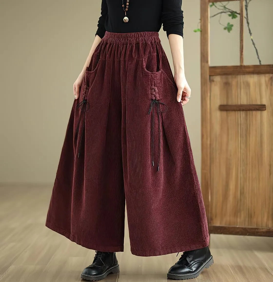 chouyatou Women's Fall Casual Wide Leg Baggy Corduroy Pants Elastic Waist Baggy Culotte Loose Trousers