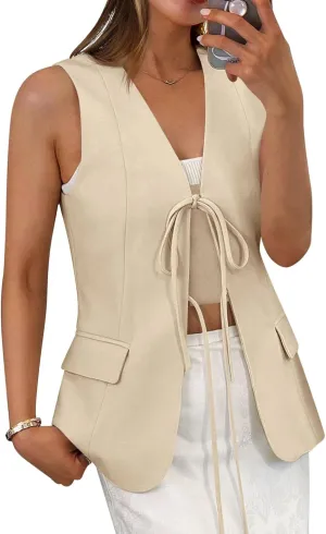 Cicy Bell Womens Tie Front Blazer Vest Tops Summer Sleeveless V Neck Suit Vest 2025 Casual Business Waistcoat