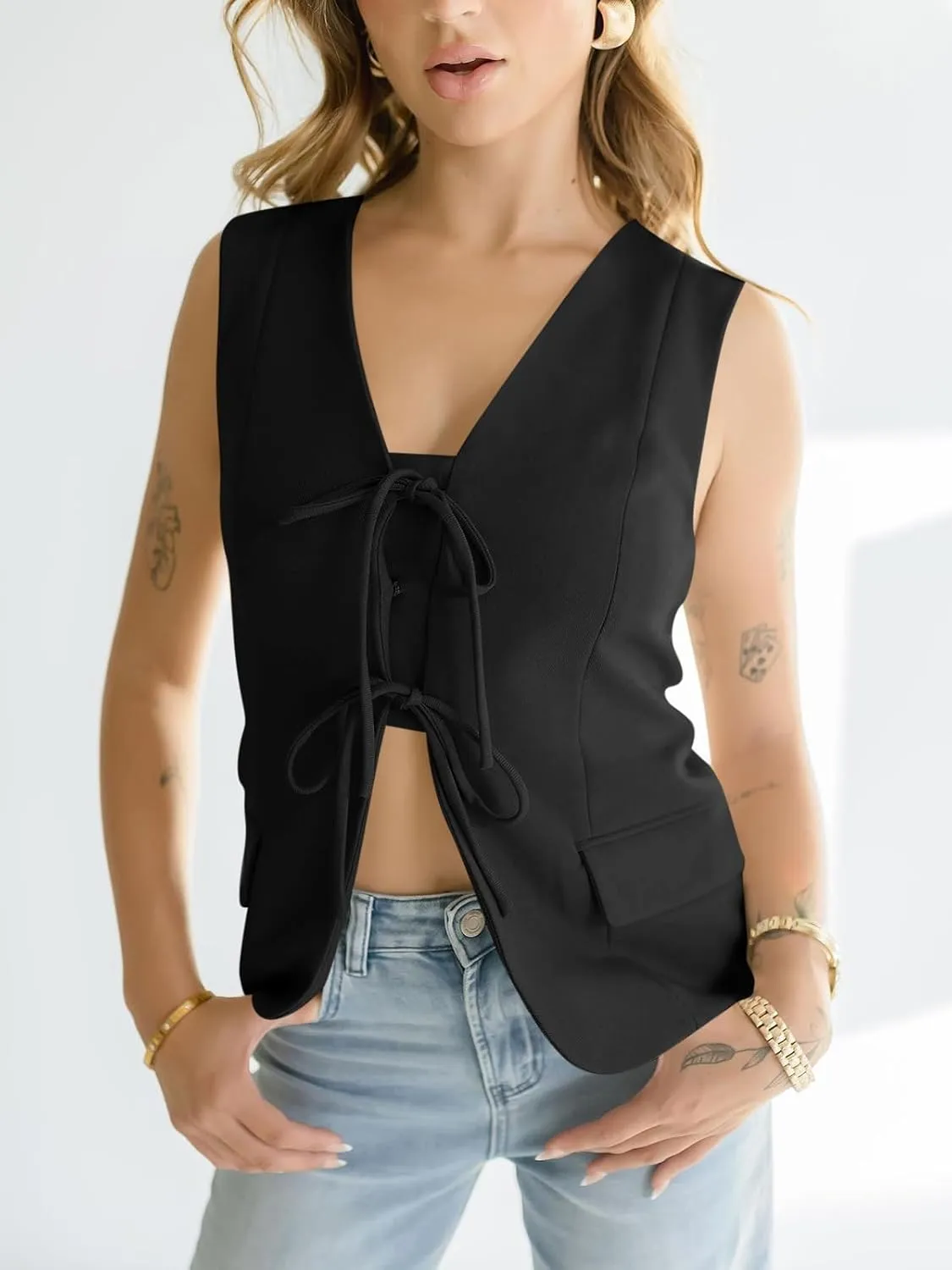 Cicy Bell Womens Tie Front Blazer Vest Tops Summer Sleeveless V Neck Suit Vest 2025 Casual Business Waistcoat
