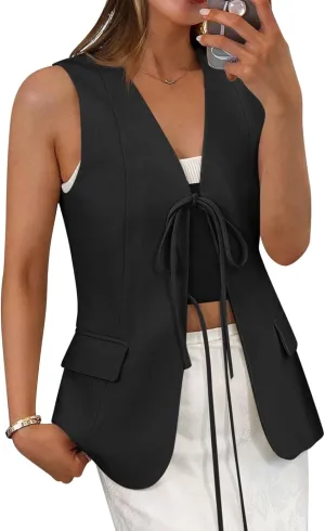Cicy Bell Womens Tie Front Blazer Vest Tops Summer Sleeveless V Neck Suit Vest 2025 Casual Business Waistcoat