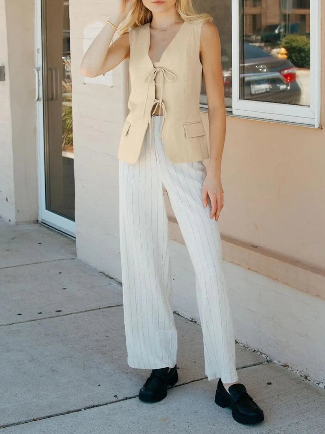 Cicy Bell Womens Tie Front Blazer Vest Tops Summer Sleeveless V Neck Suit Vest 2025 Casual Business Waistcoat