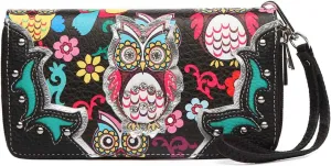 Colorful Owl Rhinestone Studded Spring Western Style Studs Fashion Clutch Purse Women Country Wrist Strap Wristlets Wallet