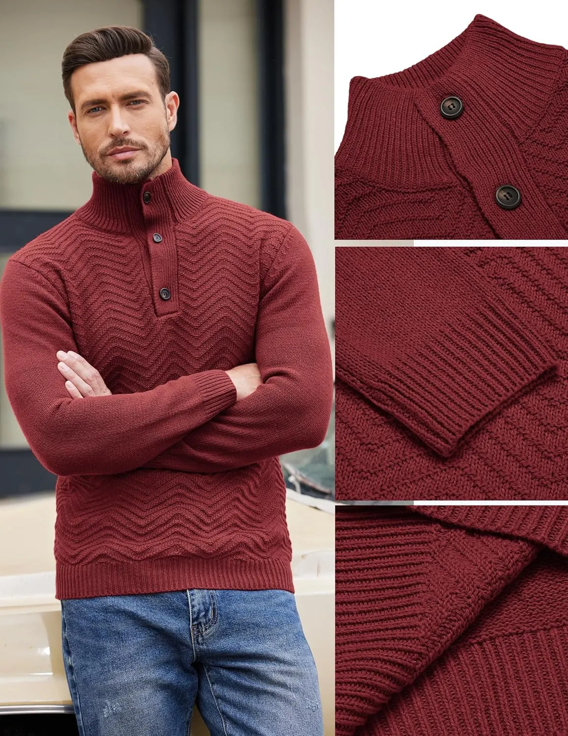COOFANDY Men Quarter Button Sweater Pullover Cable Knit Henley Mock Neck Sweater