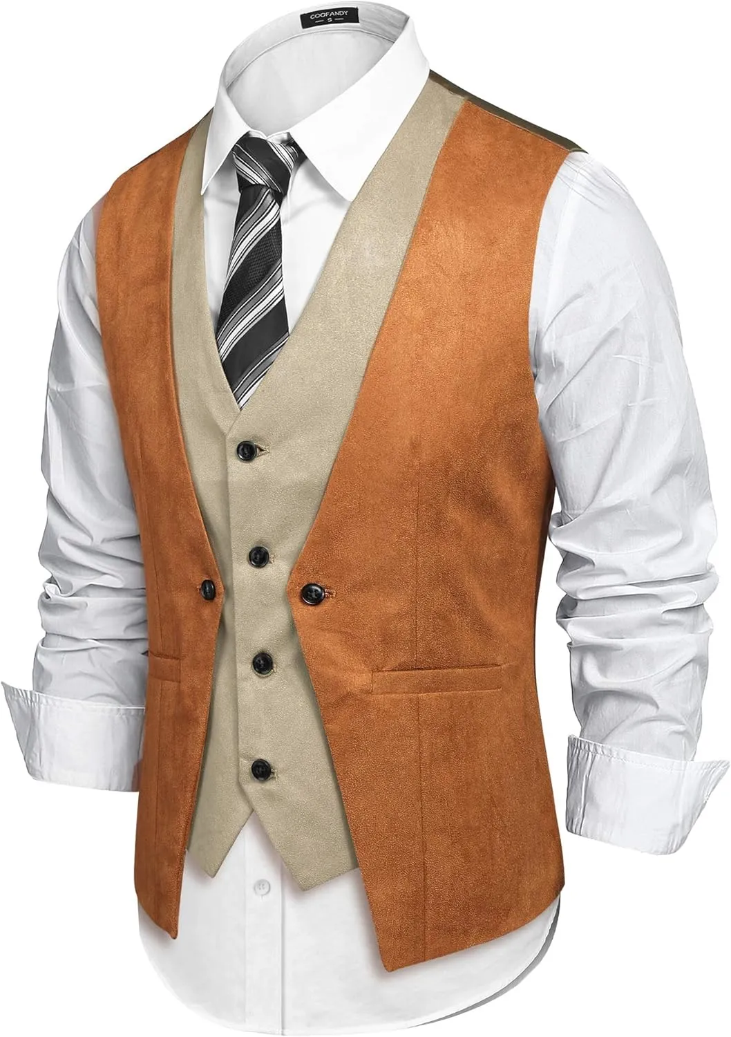 COOFANDY Men's Suede Leather Vest Layered Style Dress Vest Waistcoat