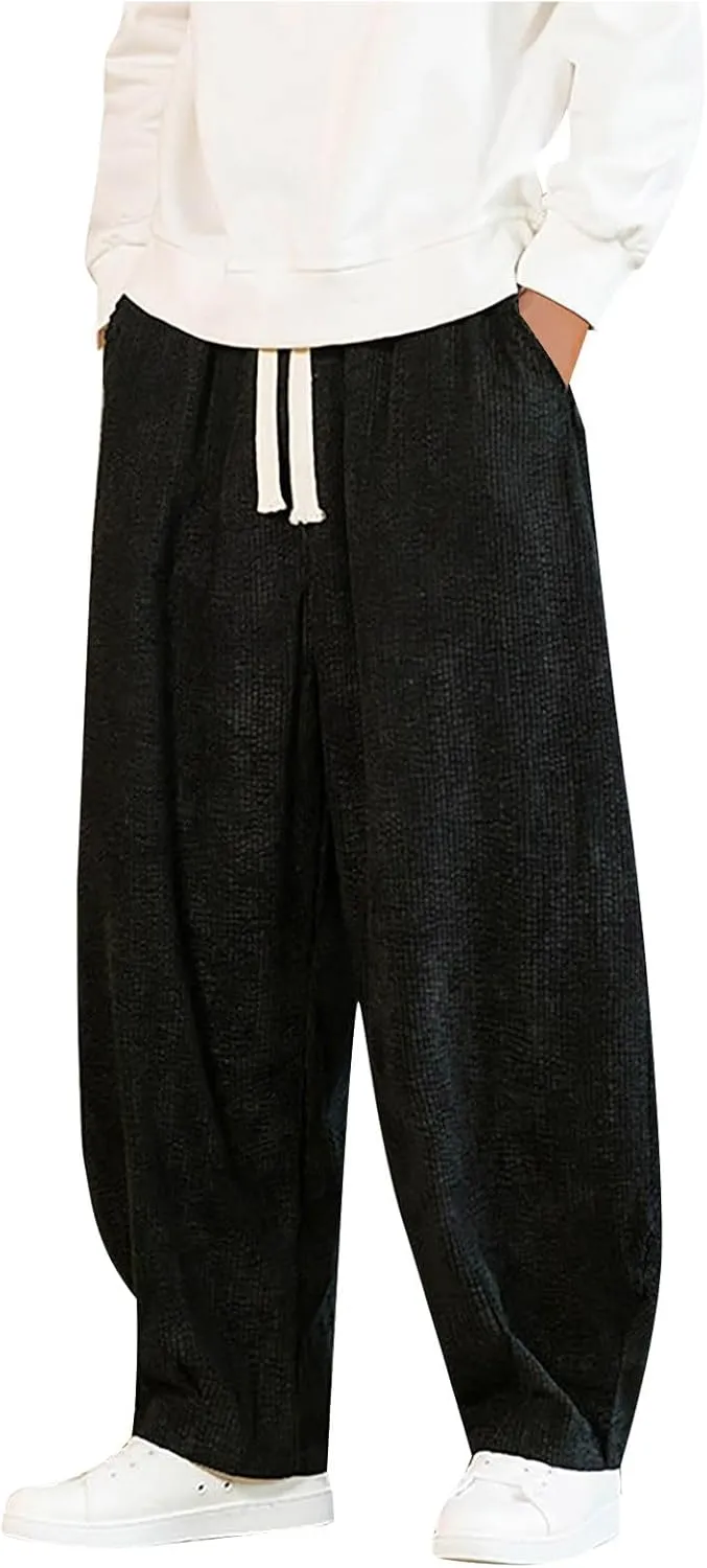 Corduroy Harem Pants for Men Fashion Loose Fit Elastic Waist Drawstring Trousers Outdoor Jogger Sweatpants Pocket