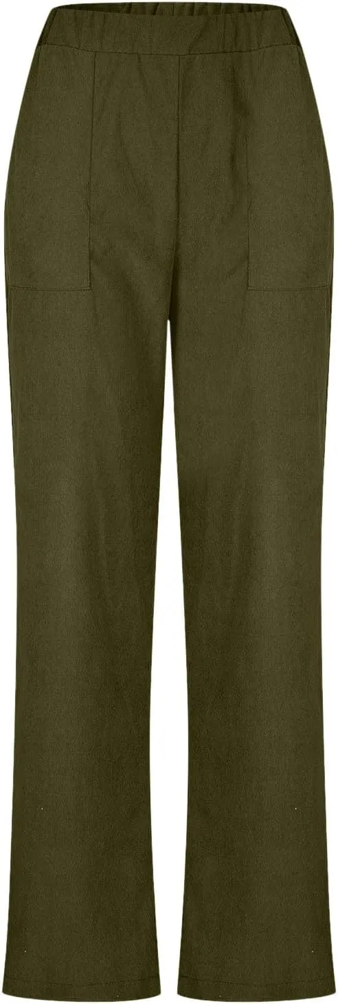 Corduroy Pants for Women Vintage Elastic Long Pants High Waist Straight Wide Leg Pants Trendy Work Lounge Trousers