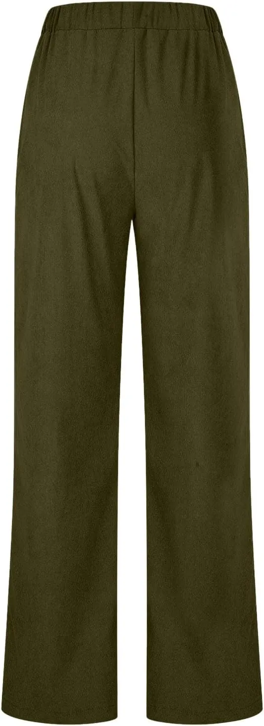 Corduroy Pants for Women Vintage Elastic Long Pants High Waist Straight Wide Leg Pants Trendy Work Lounge Trousers