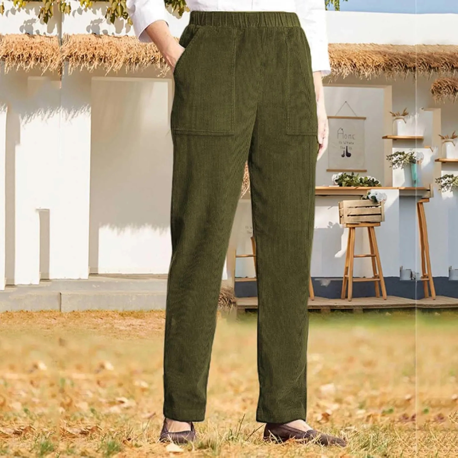 Corduroy Pants for Women Vintage Elastic Long Pants High Waist Straight Wide Leg Pants Trendy Work Lounge Trousers
