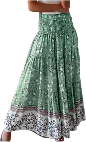 COTECRAM Maxi Skirts for Women 2025 Bohemian Long Skirts Pleated Flowy High Waist Casual A Line Floral Printed Summer Skirt