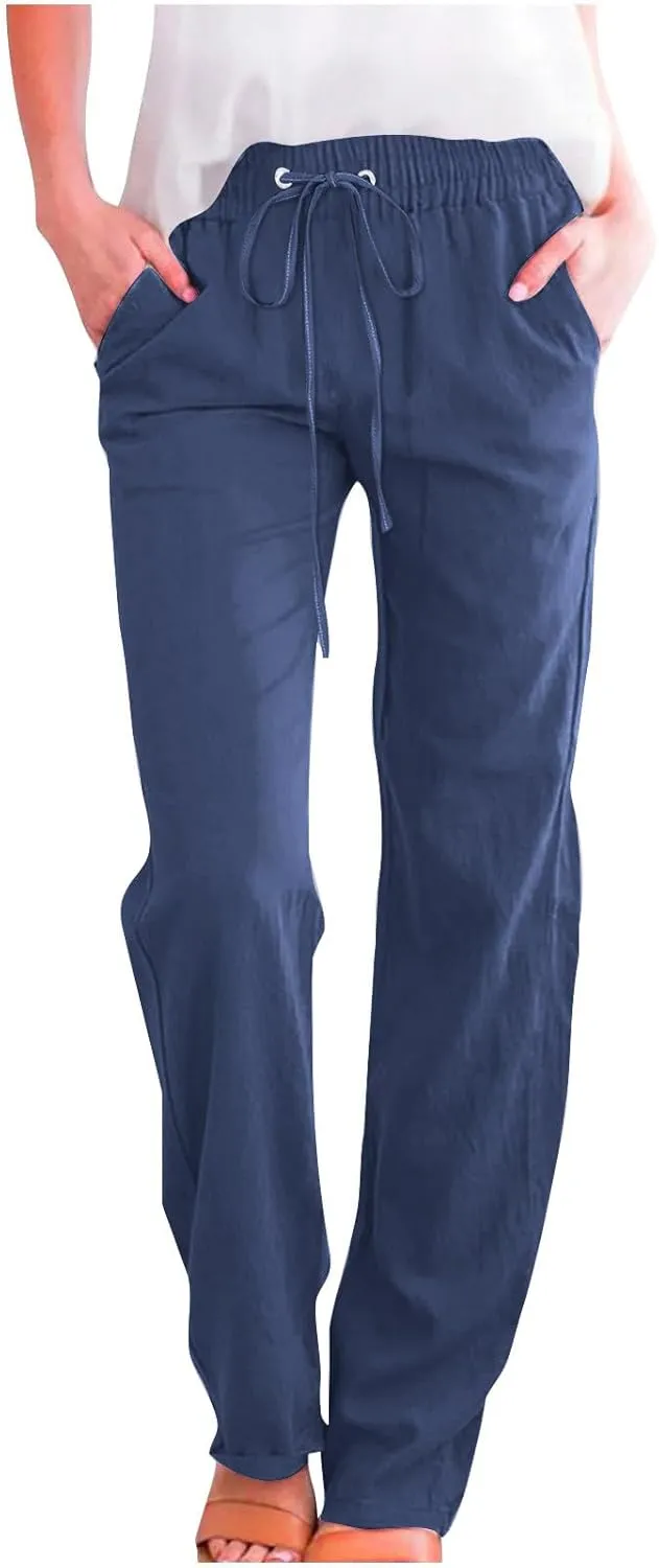 Cotton Linen Pants for Women Dressy Casual High Waisted Drawstring Pant Causal Summer Straight Leg Lounge Trousers