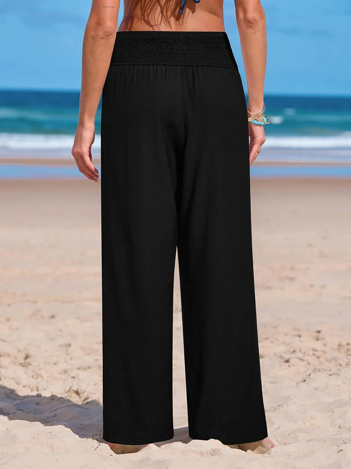CUPSHE Women Swimsuit Cover Ups Pants High Waist Smokced Wide Leg Beach Vacation Outfits