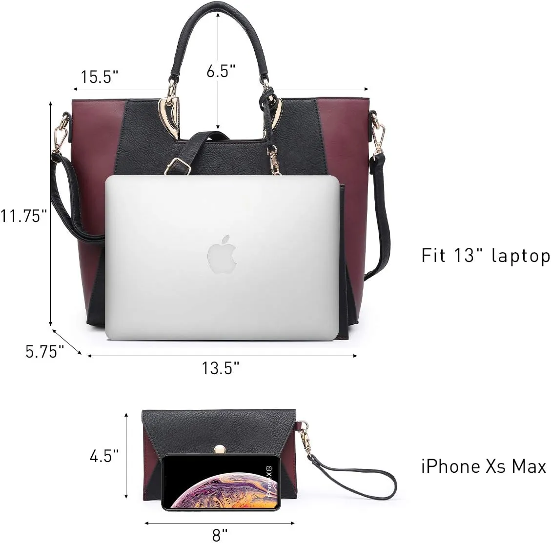 Dasein Women Two Tone Handbag Purse Top Handle Shoulder Bag Tote Hobo Work Bag w/Matching Clutch