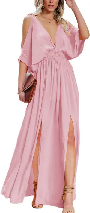 DEEP SELF Women Summer V Neck Cold Shoulder Short Sleeve Maxi Dress High Waist Split Wedding Guest Long Dress