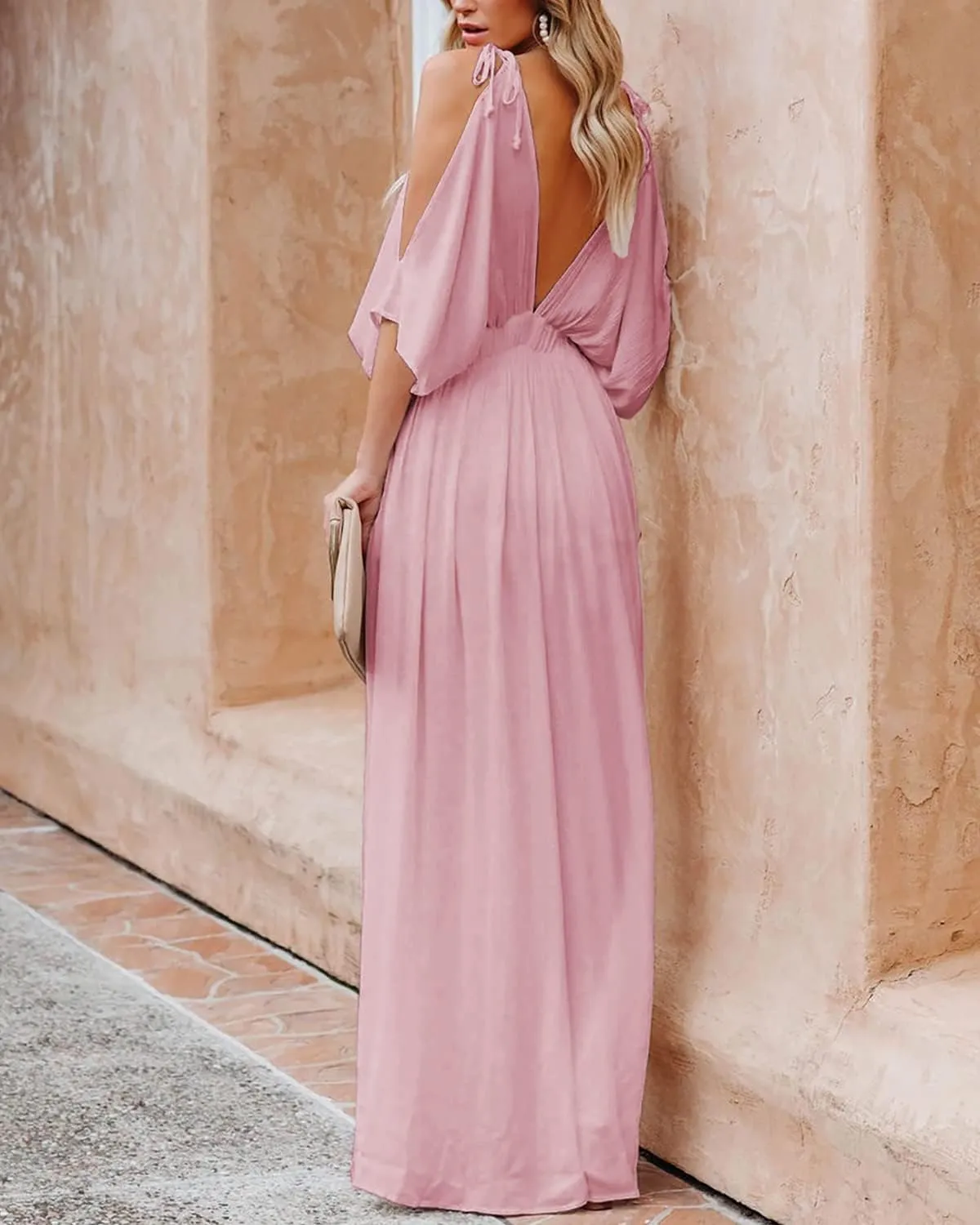 DEEP SELF Women Summer V Neck Cold Shoulder Short Sleeve Maxi Dress High Waist Split Wedding Guest Long Dress