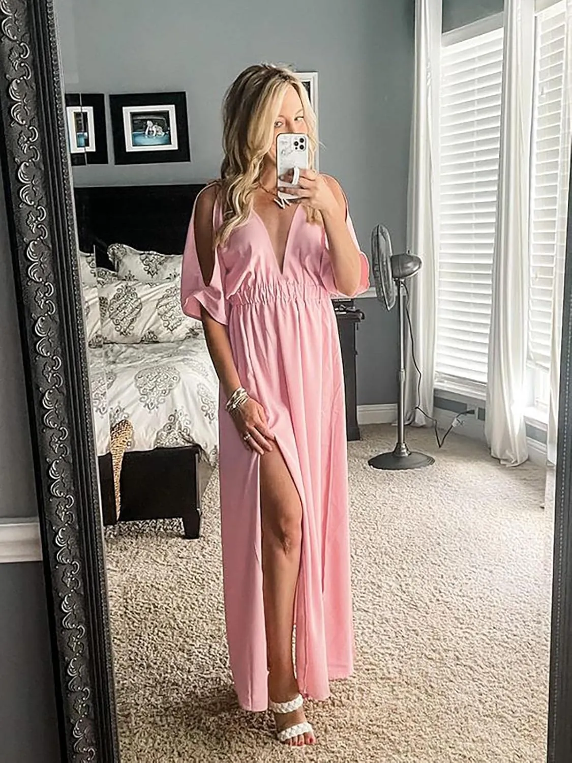 DEEP SELF Women Summer V Neck Cold Shoulder Short Sleeve Maxi Dress High Waist Split Wedding Guest Long Dress