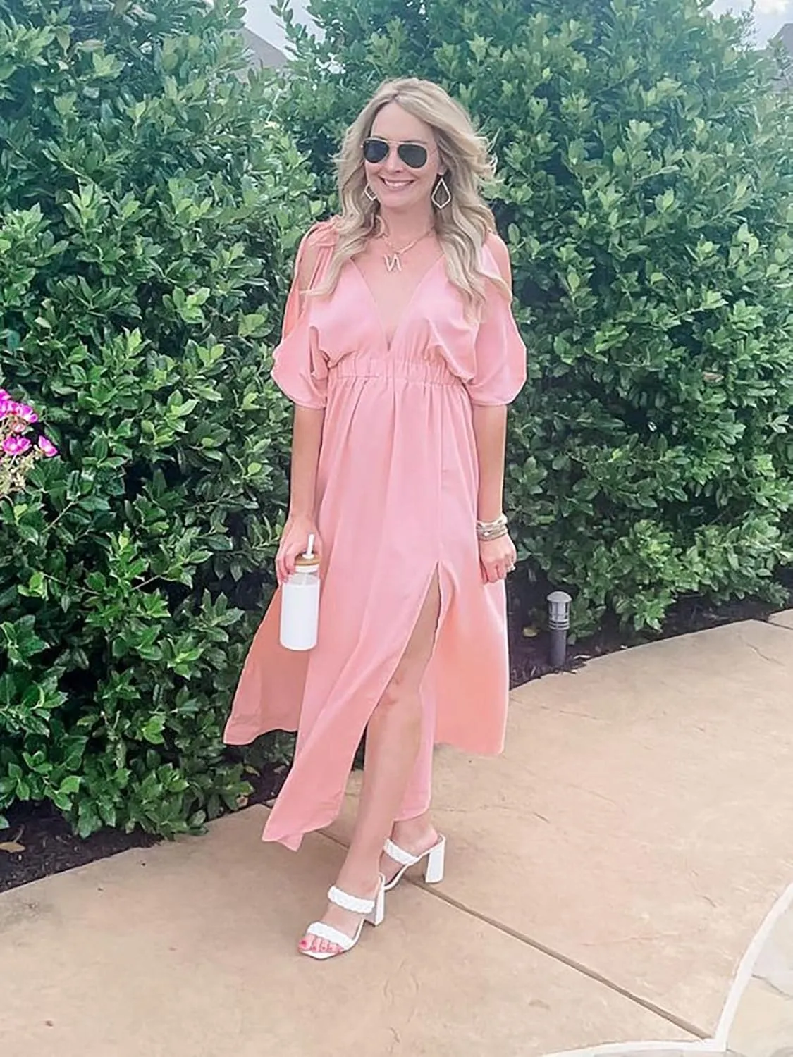 DEEP SELF Women Summer V Neck Cold Shoulder Short Sleeve Maxi Dress High Waist Split Wedding Guest Long Dress