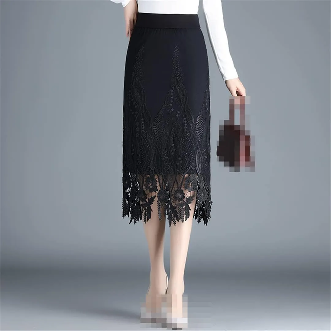 Deepsko Women's Mesh Lace Embroidery Elastic Waist Retro Pencil Skirt