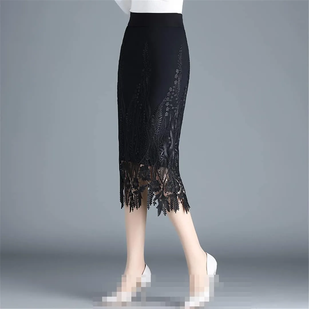 Deepsko Women's Mesh Lace Embroidery Elastic Waist Retro Pencil Skirt