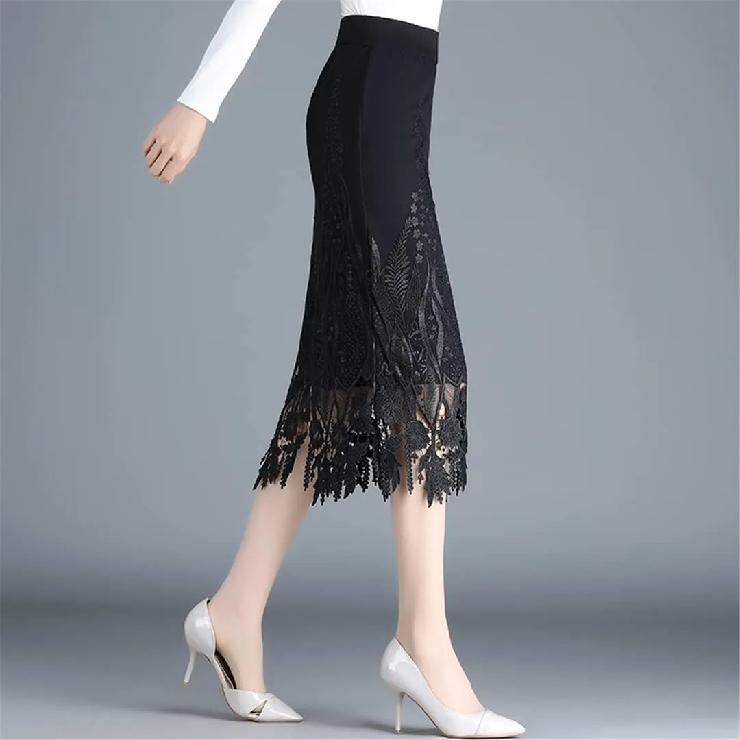 Deepsko Women's Mesh Lace Embroidery Elastic Waist Retro Pencil Skirt