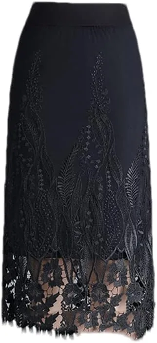Deepsko Women's Mesh Lace Embroidery Elastic Waist Retro Pencil Skirt