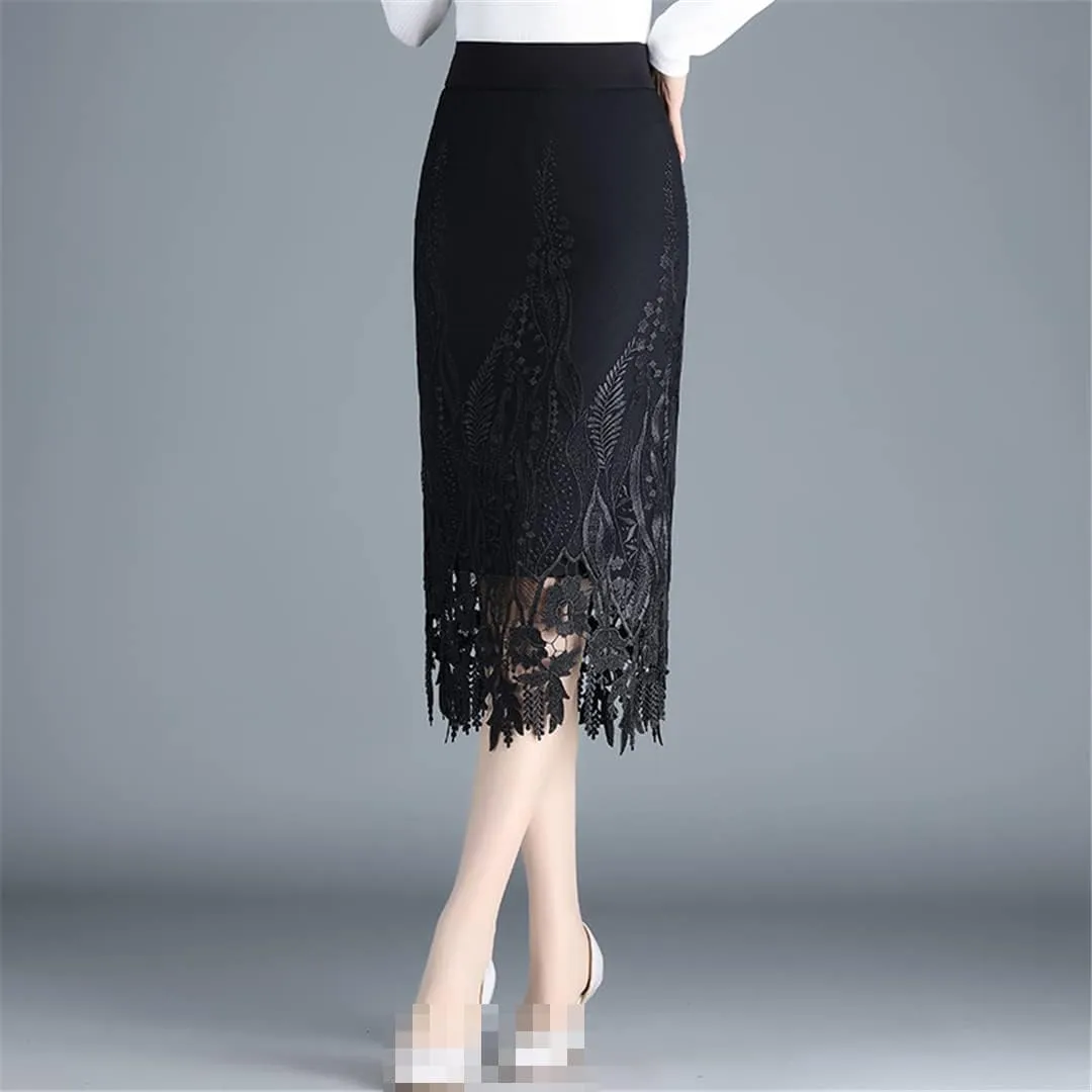 Deepsko Women's Mesh Lace Embroidery Elastic Waist Retro Pencil Skirt