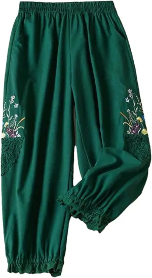Dndrdhfb Women's Loose Bloomers Lightweight High Waist Embroidered Harem Pants Printed Trousers