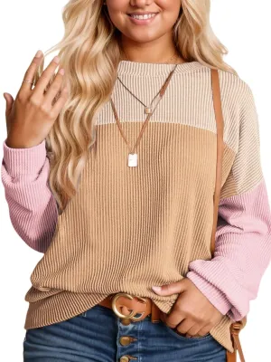 DOLNINE Plus-Size-Tops-for-Women Fall Long Sleeve Shirts Casual Color Block Crewneck Sweatshirts Oversized Ribbed Knit Tunic