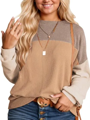 DOLNINE Plus-Size-Tops-for-Women Fall Long Sleeve Shirts Casual Color Block Crewneck Sweatshirts Oversized Ribbed Knit Tunic