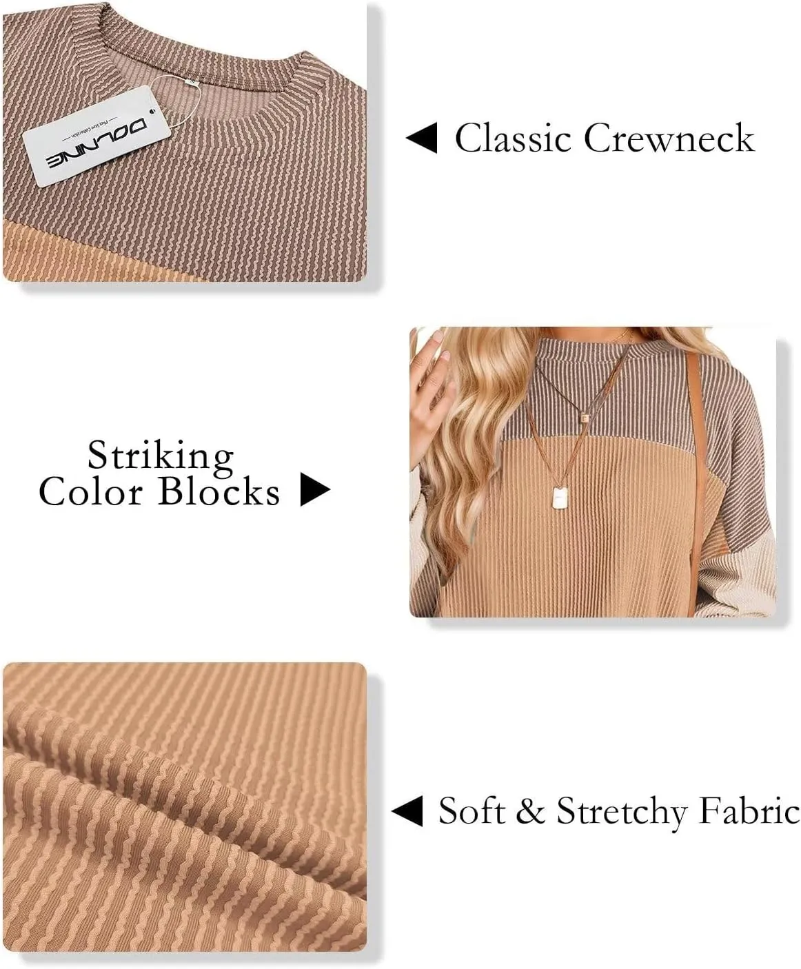 DOLNINE Plus-Size-Tops-for-Women Fall Long Sleeve Shirts Casual Color Block Crewneck Sweatshirts Oversized Ribbed Knit Tunic