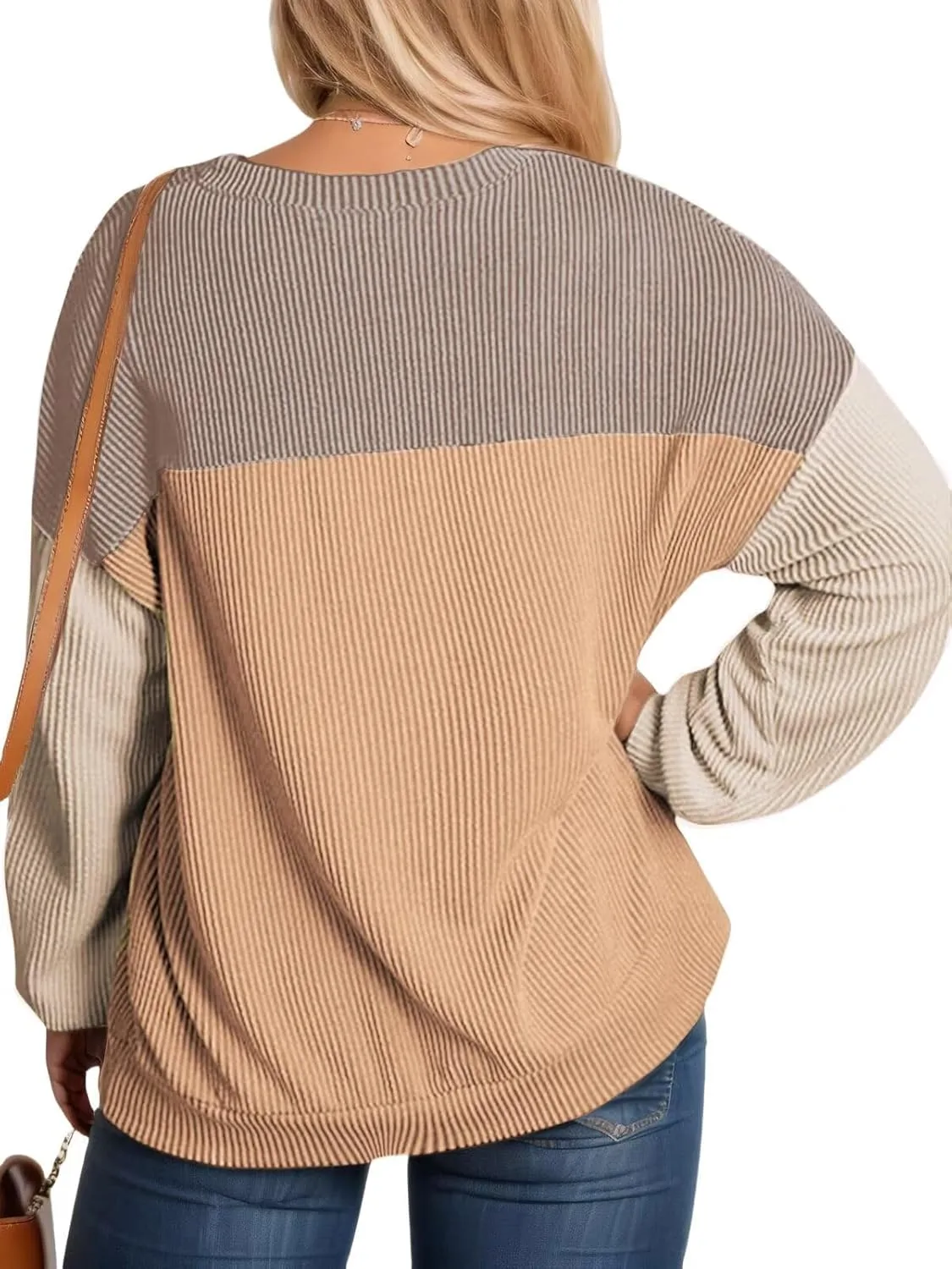 DOLNINE Plus-Size-Tops-for-Women Fall Long Sleeve Shirts Casual Color Block Crewneck Sweatshirts Oversized Ribbed Knit Tunic