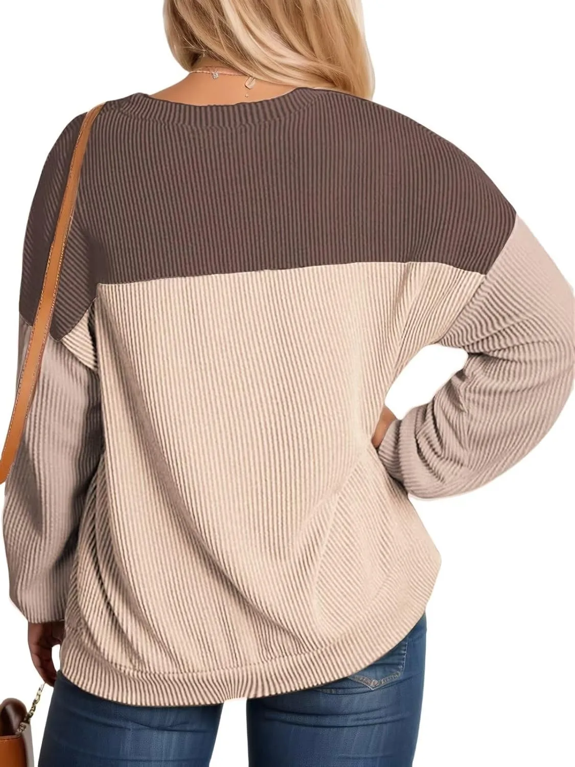 DOLNINE Plus-Size-Tops-for-Women Fall Long Sleeve Shirts Casual Color Block Crewneck Sweatshirts Oversized Ribbed Knit Tunic