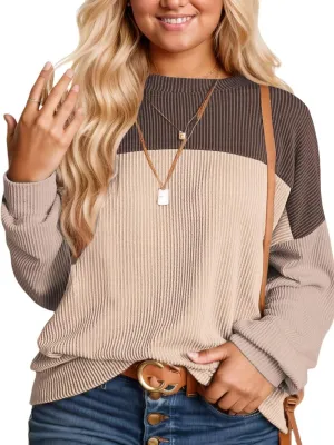 DOLNINE Plus-Size-Tops-for-Women Fall Long Sleeve Shirts Casual Color Block Crewneck Sweatshirts Oversized Ribbed Knit Tunic